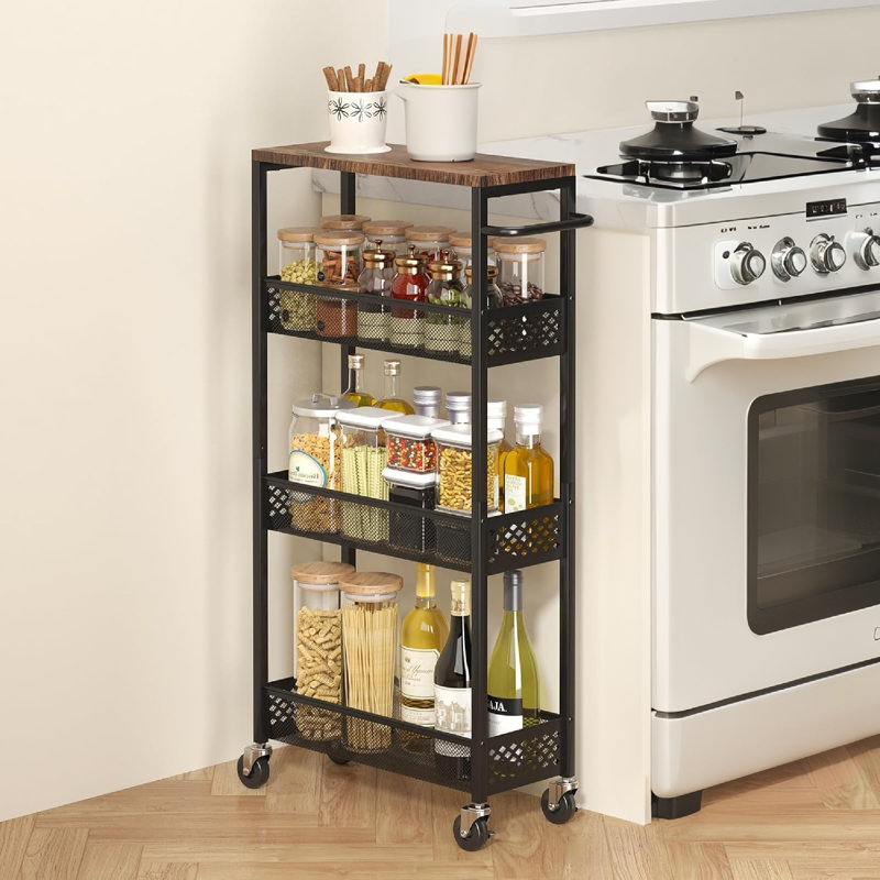 Slim Rolling Storage Cart With Wooden Top For Small Spaces (Maximize Kitchen Organization And Style)