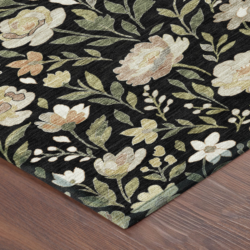 Machine Washable Indoor/Outdoor Chantille ACN2438 Floral Rug, 9' x 12', Black