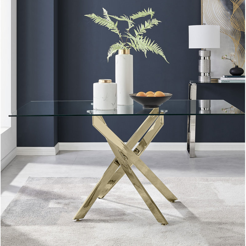Lenworth Luxury Rectangular Dining Table in Glass and Chrome Metal - Modern Statement Design, 75H x 150W x 90D, Gold