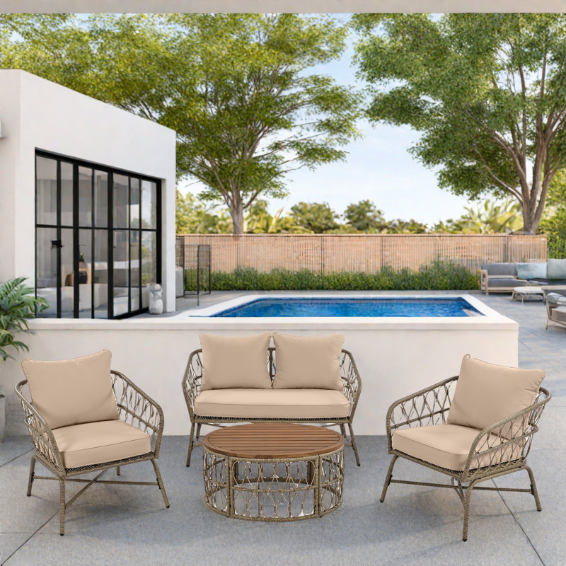 Boho-inspired 4-person Outdoor Seating Group With Removable Cushions And Wood Tabletop