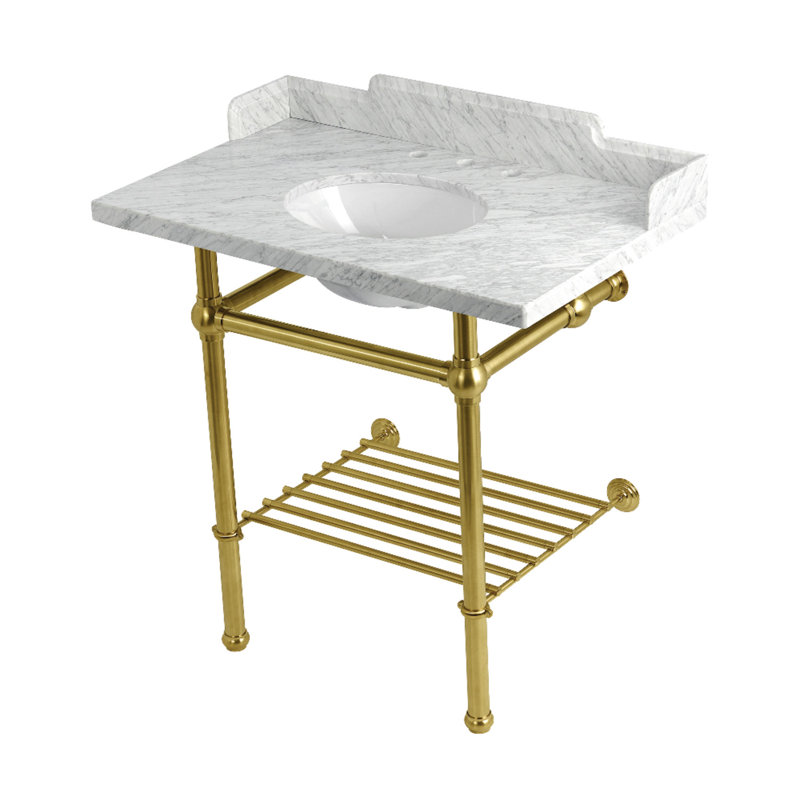 Lavabo console 36 "avec pieds en laiton Kingston (8 pouces, 3 trous) Kingston, Blanc marbre / nickel poli