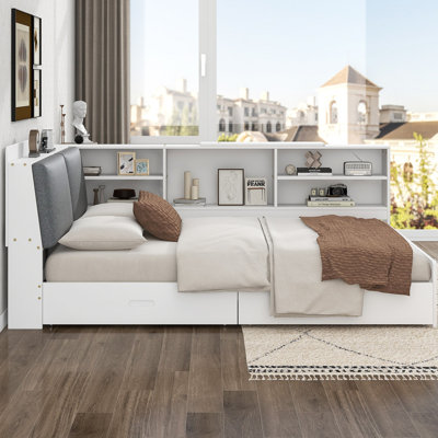 Lit plateforme en bois avec tablettes de rangement et 2 tiroirs