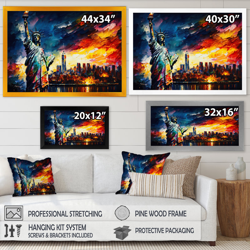Statue colorée de la Liberté I - art mural grande ville, Cadre simple noir, H 16 po x l 32 po x P 1 po