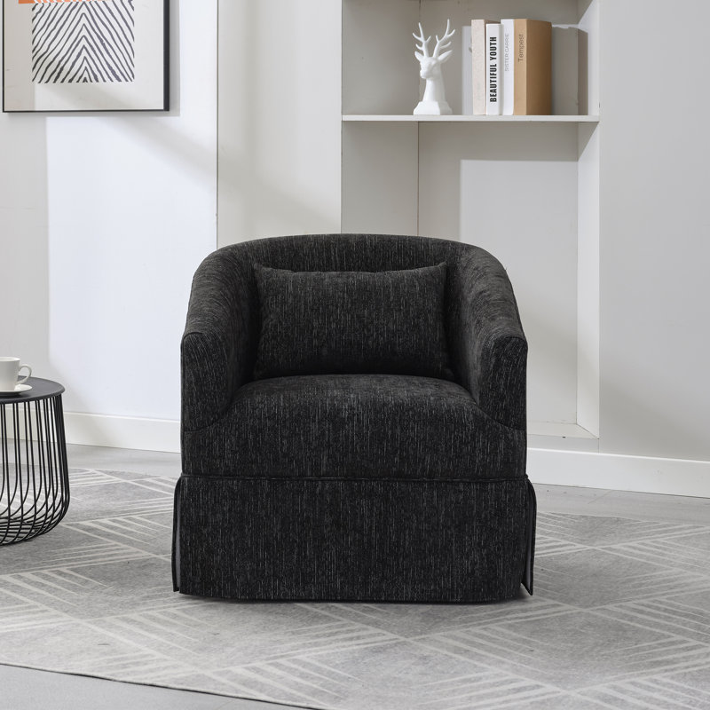 360-Degree Swivel Upholstered Armchair with Accent Pillow, Black Linen Blend