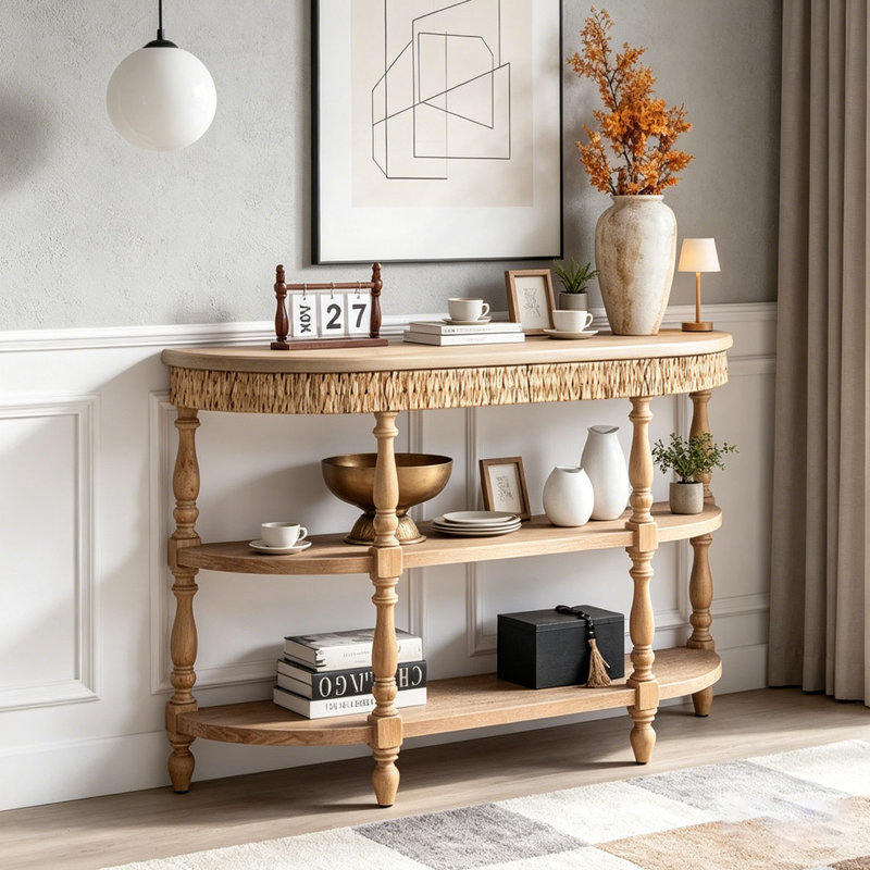 Console en bois fabriquée à la main avec garniture tissée à la main, tablettes de rangement à 3 niveaux