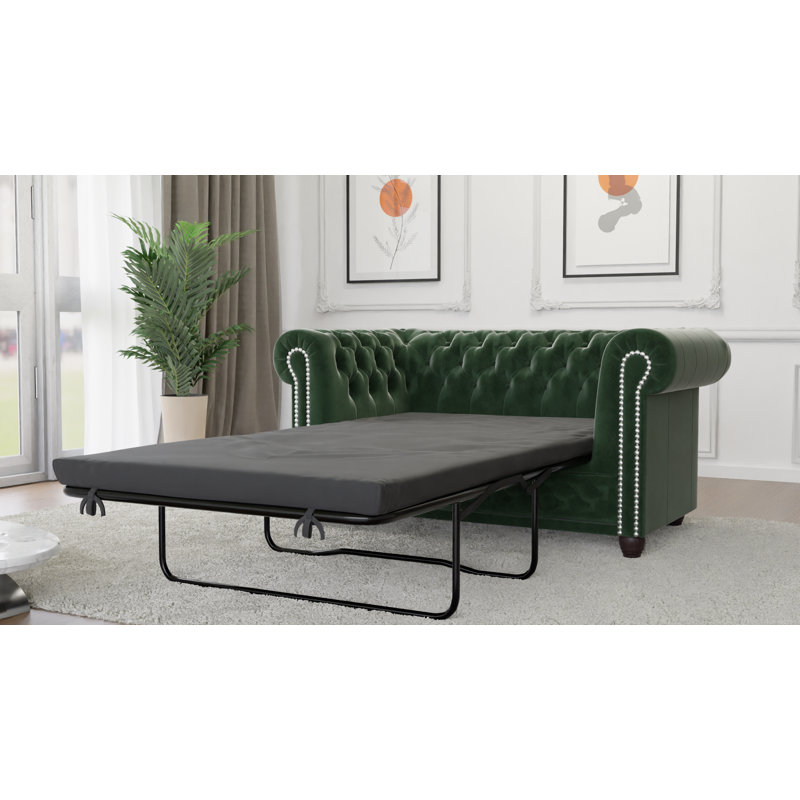 Chesterfield Hanna 2 Seater Sofa with Sleeping Function Made of Velvet Fabric with Solid Wood Legs, Bottle Green