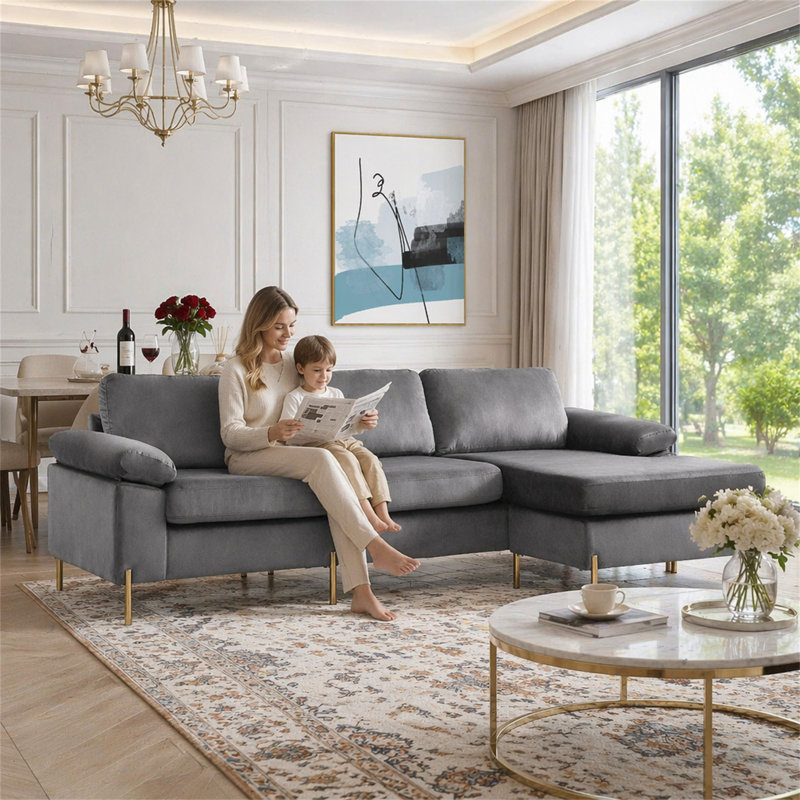 Canapé modulaire en velours avec méridienne Shannon, Gris