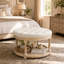 Grande table basse ronde avec repose-pieds | Plateau capitonné, pieds en bois rétro et tablette de rangement ouverte