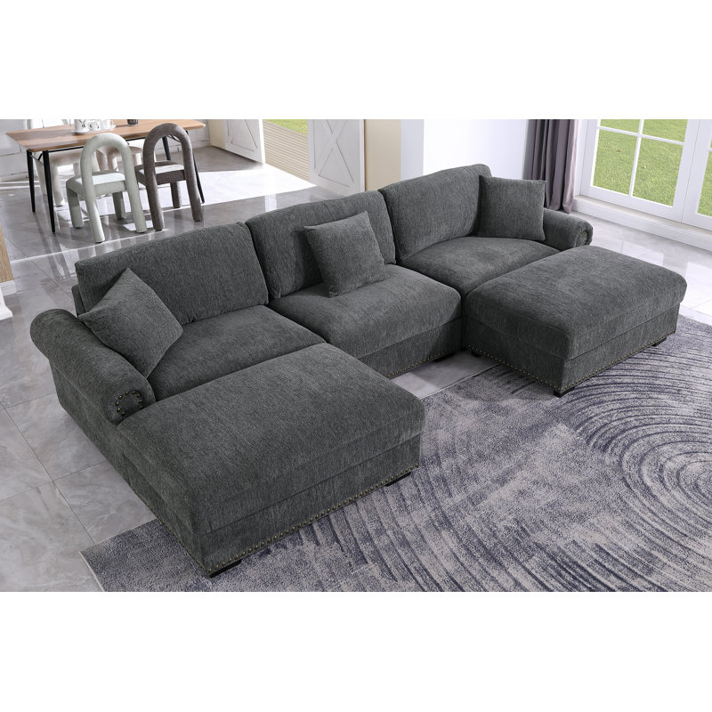 Upholstered 5 Seat U Shaped Sleeper Cloud Couch & Reversible Ottomans, Dark Gray Chenille