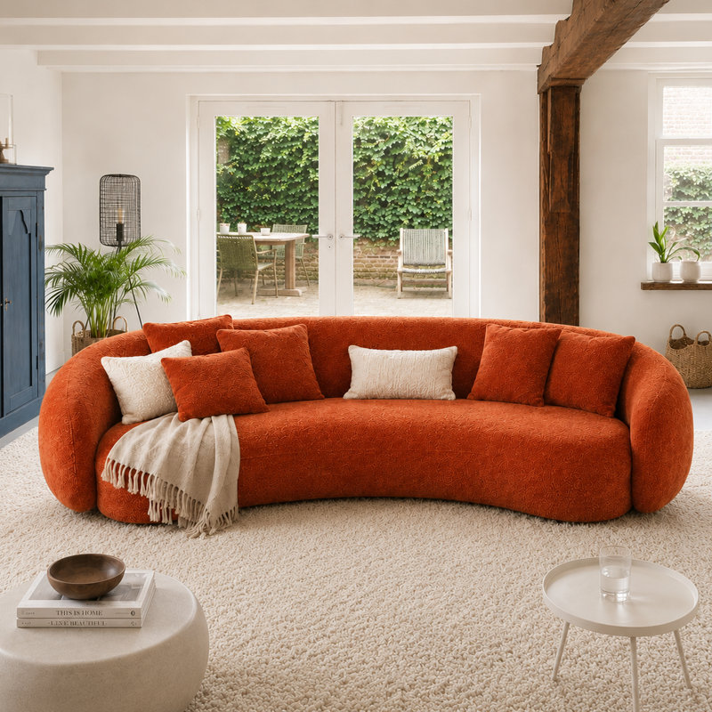 101.3"Boucle Curved Half - Moon 5 - Seater Sofa, Modern Leisure Couch For Living Room Gatherings & Stylish Lounging, Orange
