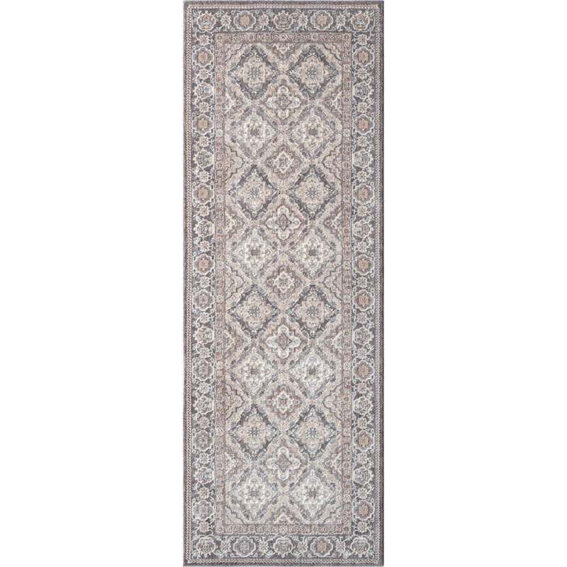 Glorietta - Tapis traditionnel à médaillon gris avec motif en losanges élégant, Tapis de couloir 2 pi 7 po x 7 pi 2 po