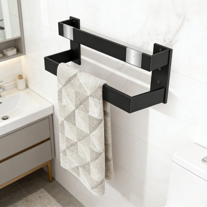 Porte-serviettes double pour salle de bain, porte-serviettes mural en acier inoxydable avec capacité de rangement accrue, accessoire de quincaillerie de salle de bain noir mat durable