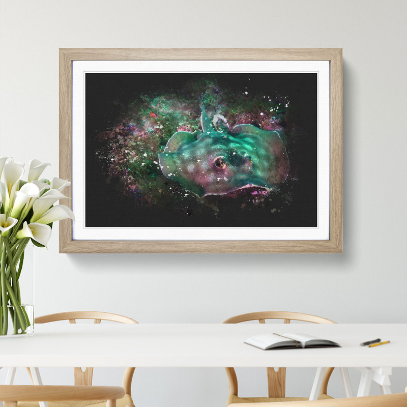 Sting Ray Paint Splash - Picture Frame Graphic Art, 65cm H x 90cm W x 2cm D, Oak