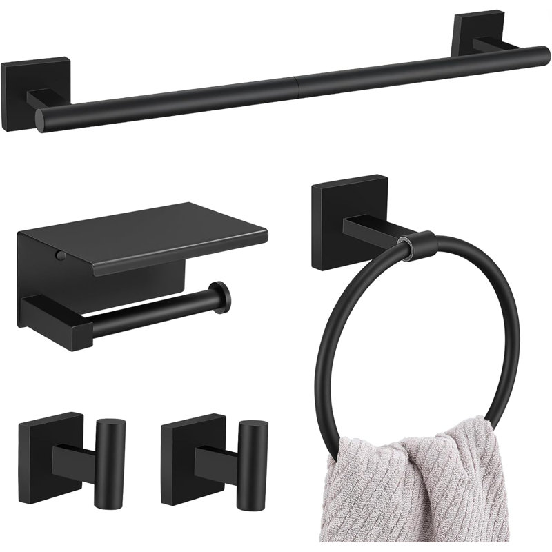 5-Piece Bathroom Hardware Set, SUS304 Stainless Steel Towel Bar, Toilet Paper Holder With Shelf, Towel Ring And Hooks, Wall-Mounted Bathroom Accessories Set