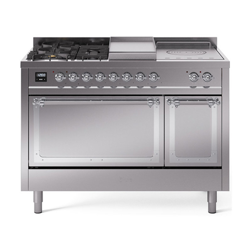 Cuisinière à double combustible ILVE Nostalgie II Series 48 po avec 5 brûleurs scellés, plaque de cuisson et table française (propane liquide, porte pleine)