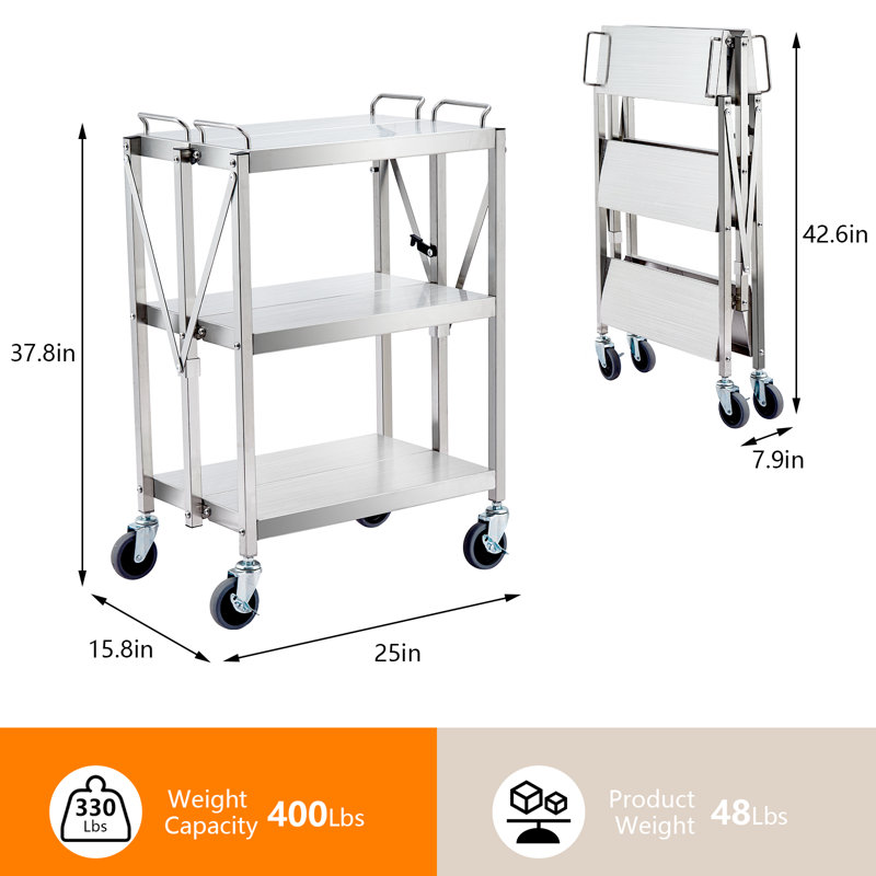Portable Folding Service Cart, 3-tier Fold Up Rolling Cart,  Up To 330 Lbs Load Capacity,t For Office Home Warehouse