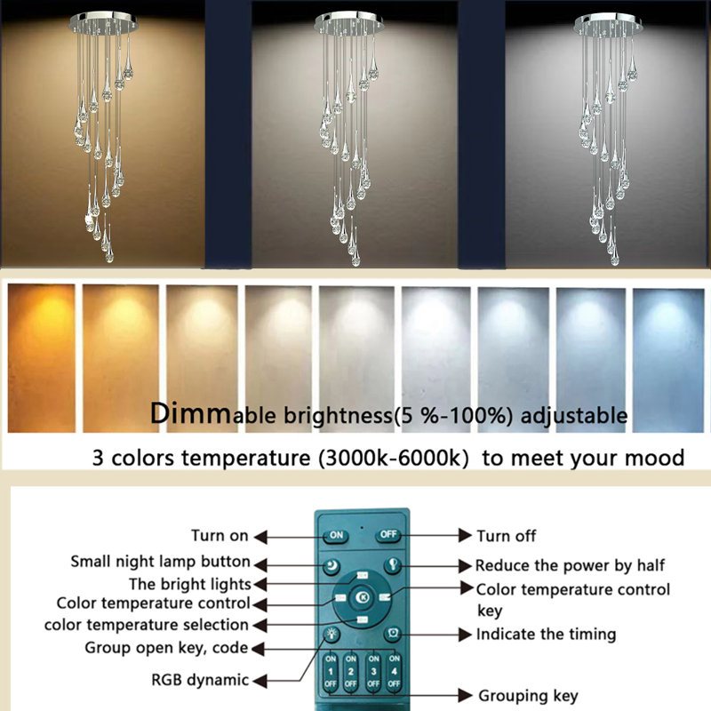 120" Long Crystal Raindrop Chandeliers 12-Light Silver Metal Pendant Light 3000-6000K Dimmable LED