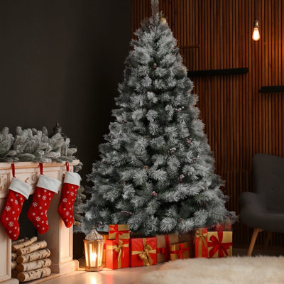 Arbre de Noël artificiel pin vert givré 6,5 pi avec 400 lumières colorées et transparentes Homestead