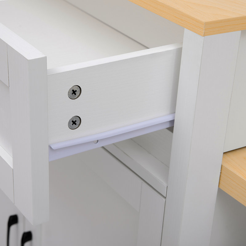 Îlot de cuisine avec table de salle à manger extensible pour 4 à 6 personnes de 82,7 po K&K, table de cuisine bicolore avec rangement double, prise de courant, îlot de cuisine avec rangement 2 tiroirs et 2 tablettes latérales ouvertes, blanc