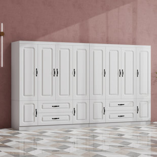 4-Door Wardrobe Armoire Storage Cabinet With Shelves, 100% Soild Wood Wardrobe Closet With 2 Drawers and 2 Hanging Rods, White Finish