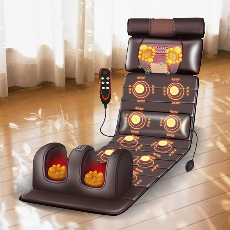 Tapis de massage chauffant complet pour le corps avec pétrissage de cou shiatsu, soutien de sac gonflable lombaire et roulettes pour les pieds - Coussin de relaxation pliable pour la maison et le bureau