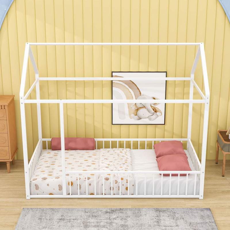 Twin Metal House Bed With Fence-Style Guardrails, White