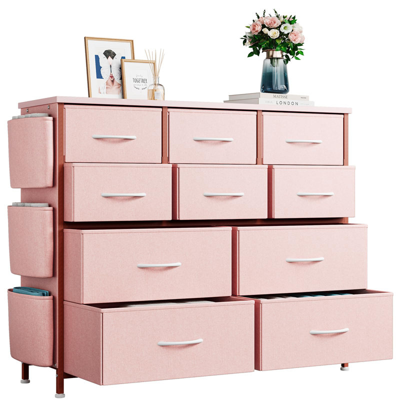 Fabric 10 Drawer Dresser with Metal Frame, Storage Organizer with Side Pockets & Hooks, Pink