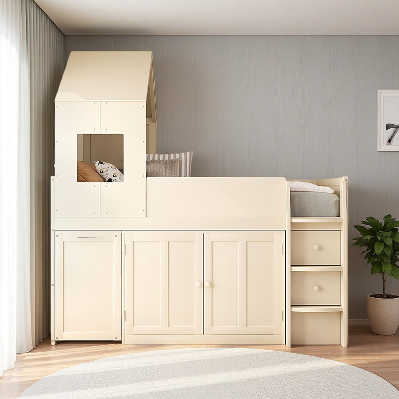 Lit mezzanine simple en bois avec bureau, tiroirs, armoires, Beige