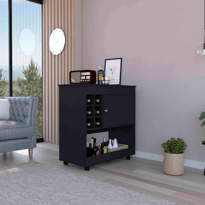Modern Bar Cart, Lower Panel, Six Bottle Cubbies, One Cabinet -Black, Black