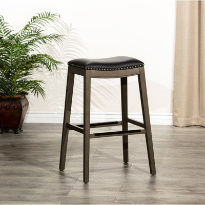 30" Bar Height Stool With Weathered Gray Finish & Soft Black Leather Seat - Comfort And Style Combined Saddle In Gray, Seat, Wood, Beautifies Your
