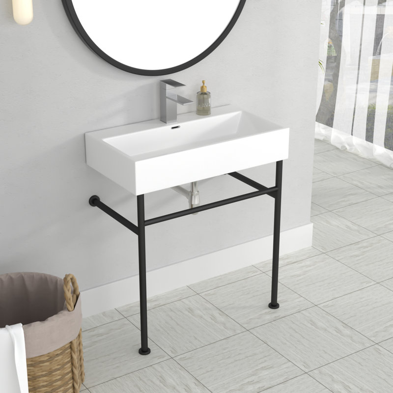 Lavabo de salle de bain console rectangulaire avec trop-plein, Blanc