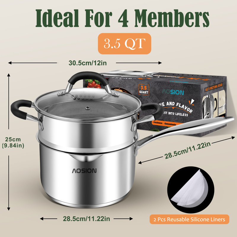 Casserole en acier inoxydable de 2,5 + 3,5 pintes avec panier à vapeur, petites casseroles pour la cuisson, poêle à vapeur avec bec verseur, couvercle en verre à passoire, parfaite pour les légumes, les pâtes, les nouilles