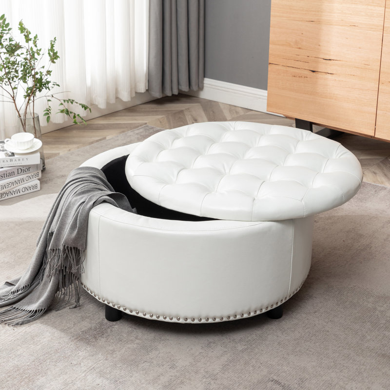 Repose-pieds rond en similicuir Kody, Similicuir blanc