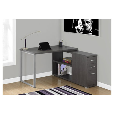 Bureau d'ordinateur de coin en L gris avec configuration réversible pour bureau à domicile
