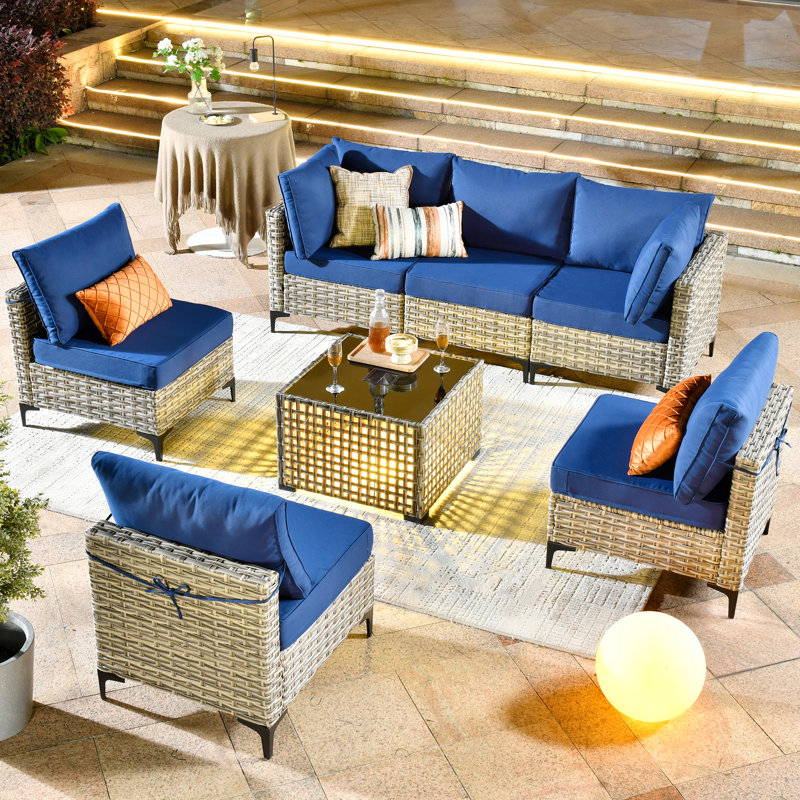 6 - Person Outdoor Seating Group With Cushions, Navy Glass