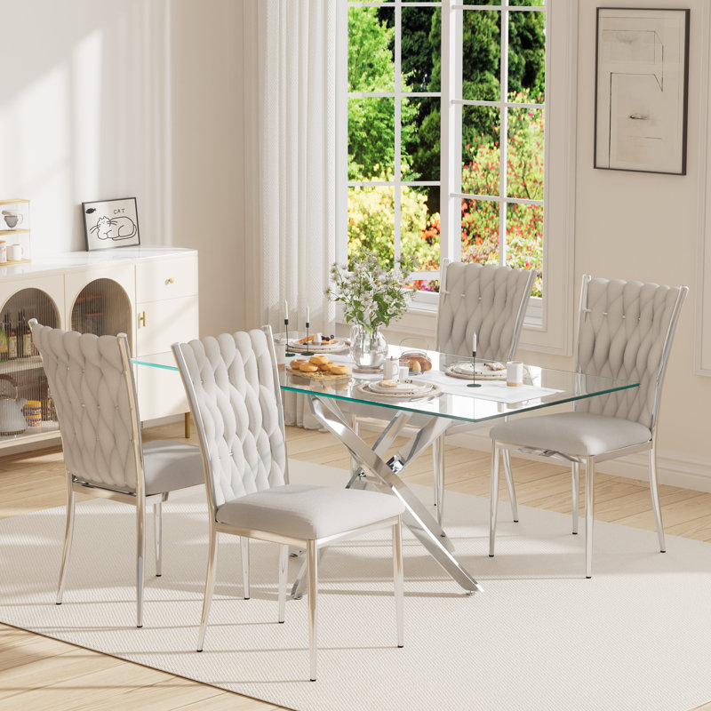 63" Rectangular Tempered Glass Table set, 5, Light Gray/Silver