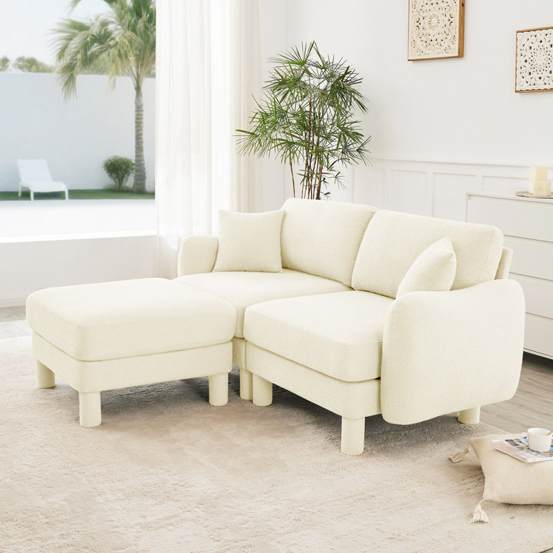 Boucle Fabric Sectional Loveseat Sofa Couch With Distinctive Shelarmrests And Removable Ottoman,Cylindrical Legs Wrapped With Self-Fabric