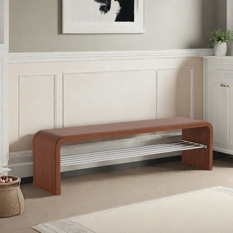 63in Shoe Storage Bench, Light Walnut