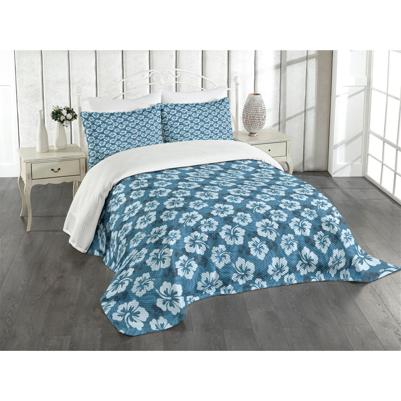 Petrol Blue and Pale Blue Hawaiian Queen Bedspread Set