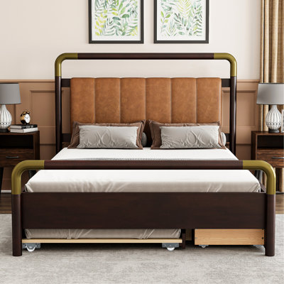 Queen Size Walnut Platform Bed With 2 Expansive Drawer Options And Trundle Storage Big Drawers, Trundle, Appearance