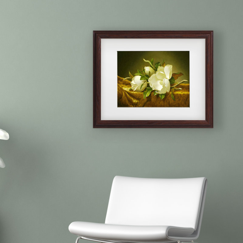 « magnolias on gold », reproduction de peinture à l’huile, H 16 po x l 20 po x P 2 po, Cadre brun