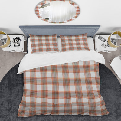 Tartan à carreaux blanc et brun - Ensemble de housse de couette abstrait - Microfibre de polyester