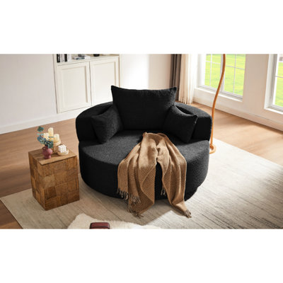 Chaise pivotante ronde avec rotation à 360 degrés, 3 coussins décoratifs moelleux, profondeur d'assise généreuse, revêtement en chenille de luxe, espace pour les petites pièces, coussins décoratifs noirs à 360 °, espace de 36,5 po, chenille