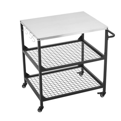 Outdoor Grill Cart, 31.5 x 24.0 inch Stainless Steel Tabletop Size Grilling Table, Outdoor Cooking Table with 4 Wheels & Side Handle, Two Mesh Shelves, BBQ Prep Tables for Patio, Garden