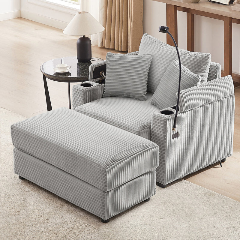 41.7"D Grey Single With Movable , Two Ports, Cup Holders And Comfortable Seat For Living Room Use Holders, Phone Holder Detachable Throw Pillows Area