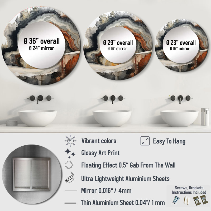 Stone Geode Scenery Minimalism - Stone Geode Mirror, Beige Round Unique Wall Mirror, Printed Metal Art, 23" x 23"
