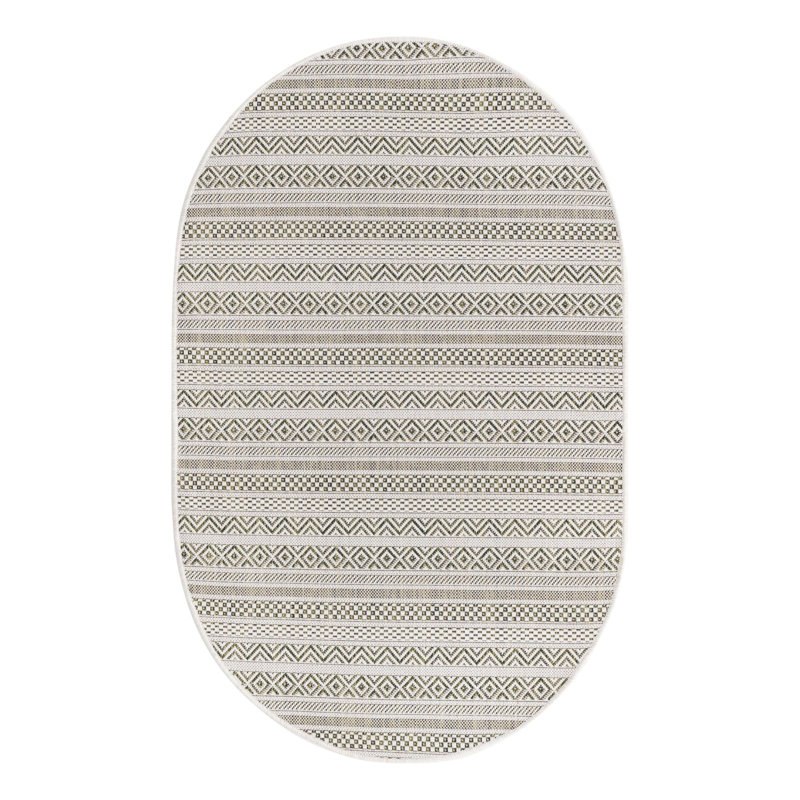 Tapis rayé en polypropylène tissé à la machine intérieur / extérieur gris clair, Ovale 3 pi 3 po x 5 pi 3 po