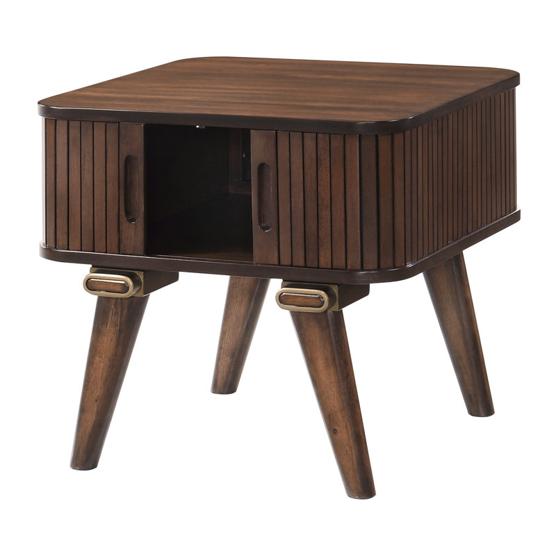 Table de bout carrée moderne avec finition noyer et rangement intérieur attrayant pour porte tambour