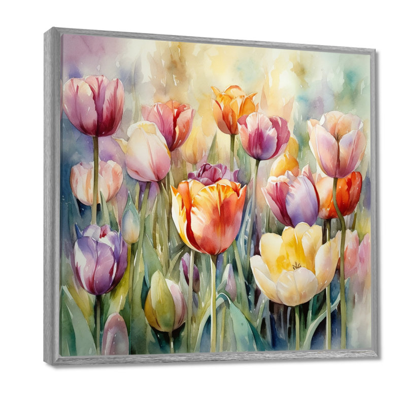 Jardin des tulipes - art mural tulipe, H 30 po x l 30 po x P 1 po, Encadrement argenté