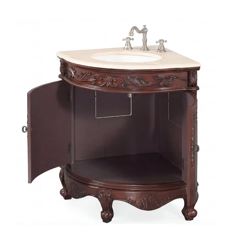 Benton Collection 24 Inch Traditional Freestanding Walnut Brown Bayview Corner Bathroom Vanity, Single Sink, Cream Marble Top, Fully Assembled